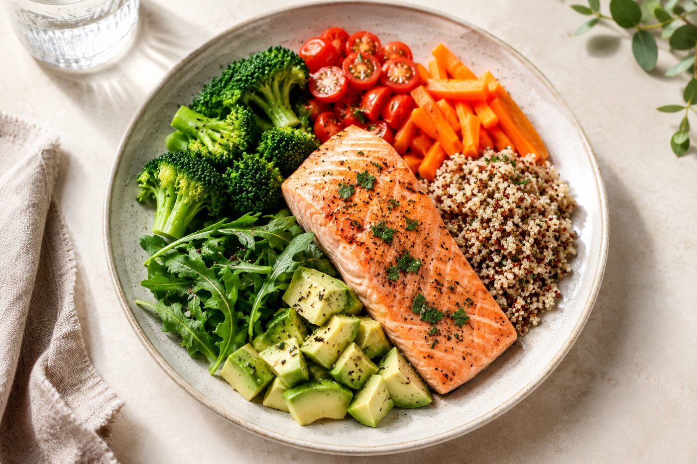 Assiette équilibrée avec saumon, quinoa, brocolis, tomates, avocat et roquette