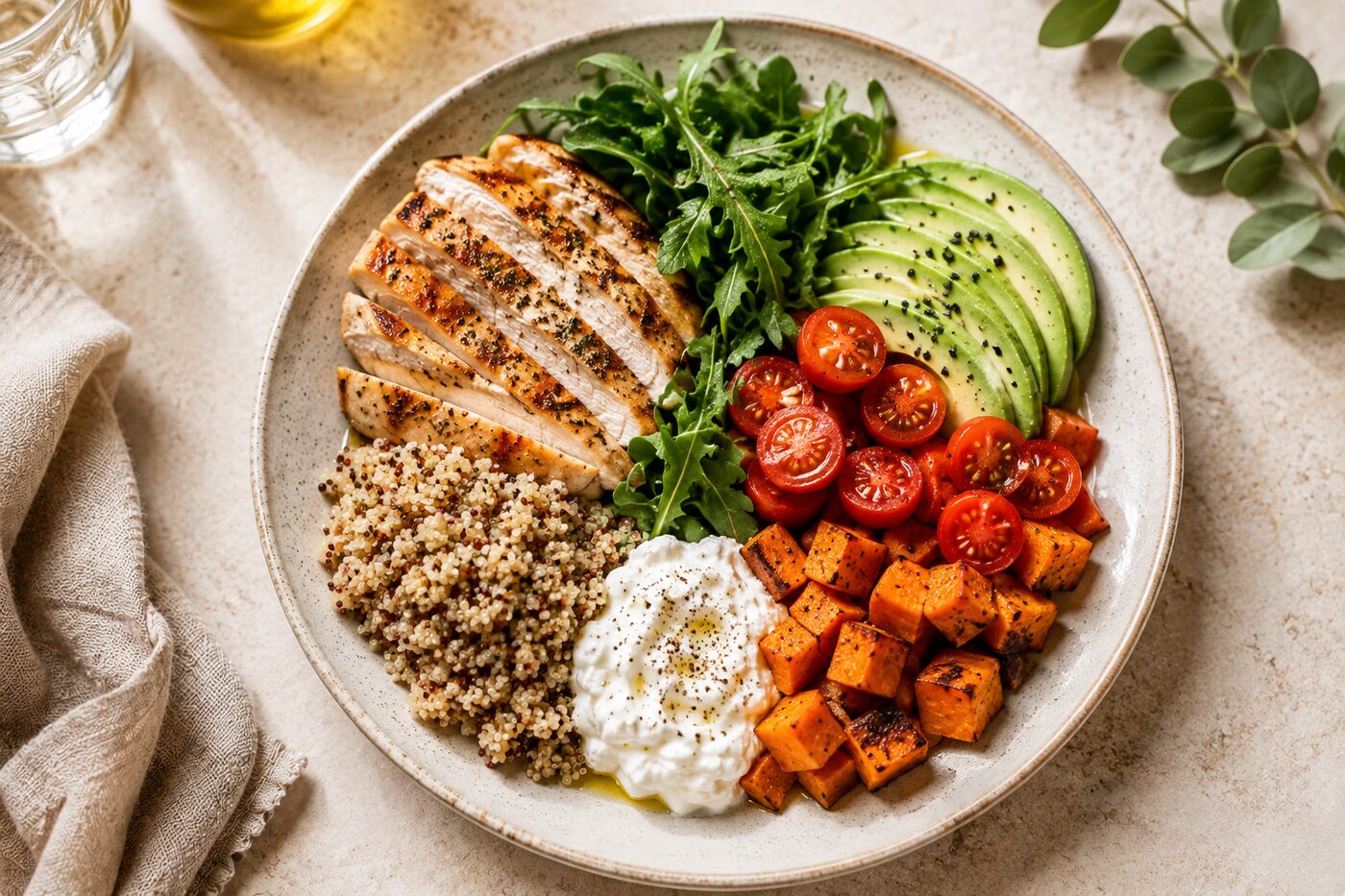 Assiette équilibrée avec poulet, quinoa, patate douce, burrata, tomates et avocat