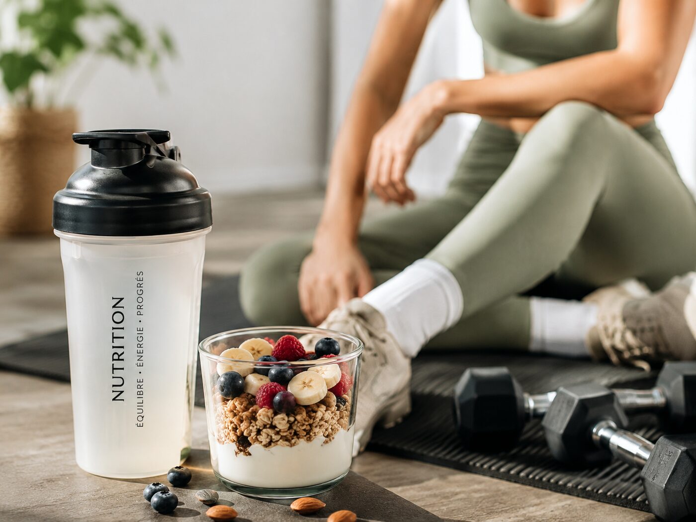 Shaker de protéines et pot de yaourt au granola et fruits rouges, ambiance sport